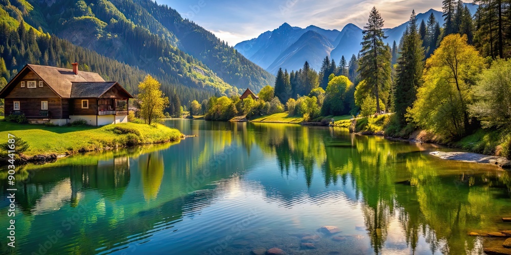 Naklejka premium Lake in the mountains with trees in the jungles, river flowing and house nearby , nature, landscape, mountains, trees, jungle