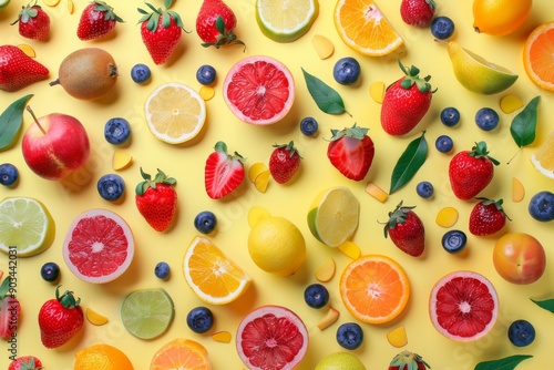 A Vibrant Display of Fresh Fruit on Yellow Background