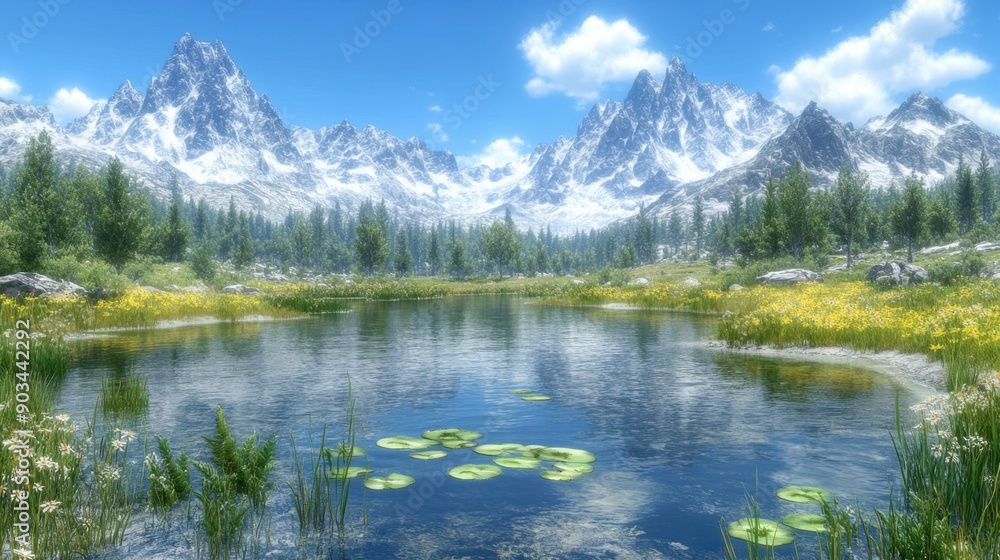 Fototapeta premium Scenic mountain landscape with a tranquil lake, surrounded by lush greenery and snowy peaks under a clear blue sky.