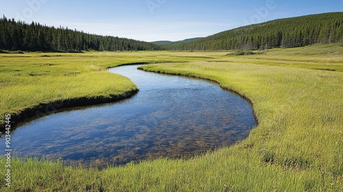 Serene landscape with a winding river flowing through a lush green meadow, surrounded by forested hills under a clear blue sky.
