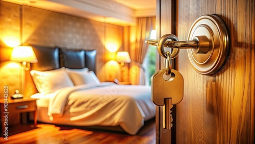 Wallpaper Mural Close-up of hotel room key in lock with cozy warm background , hospitality, hotel, room key, keycard, lock, blurred, warm Torontodigital.ca