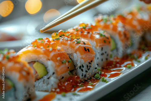 Delicious Salmon Sushi Roll with Chopsticks photo