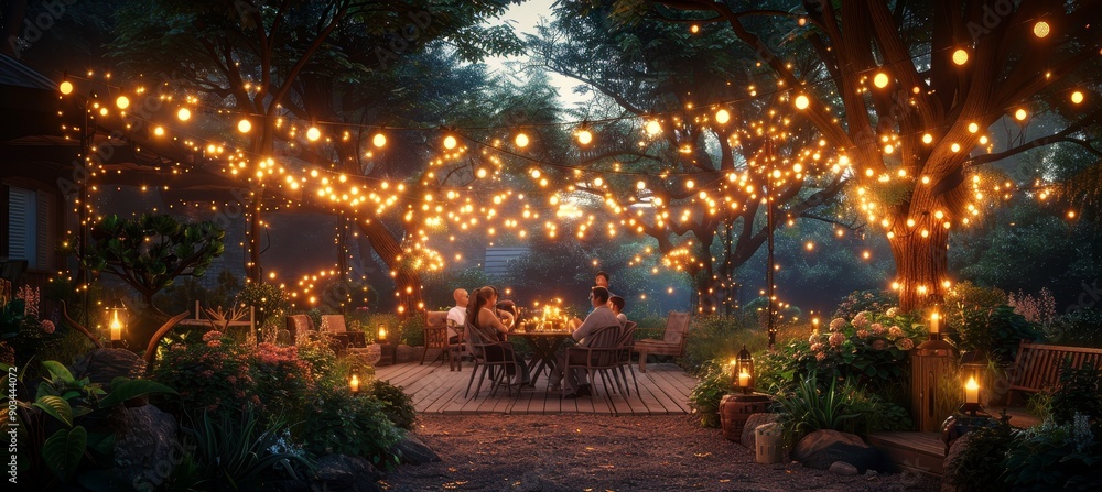 Evening Garden July 4th Party Ambiance with String Lights Four People Gathered Warm Tones Cozy Outdoor Setting Illuminated Path Copy Space Evening Garden July 4th Party Ambiance with String Lights Four People Gathered Warm Tones Cozy Outdoor Setting Illuminated Path Copy Space