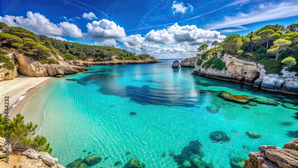 Sandy beach with crystal clear turquoise waters at Cala Macarella, Menorca island, Spain, Cala Macarella, Menorca Sandy beach with crystal clear turquoise waters at Cala Macarella, Menorca island, Spain, Cala Macarella, Menorca