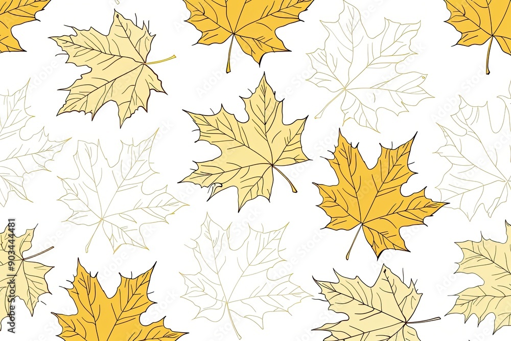 A pattern with a cartoonistic illustration of a white and gold leaves white background. Thick cartoon A pattern with a cartoonistic illustration of a white and gold leaves white background. Thick cartoon