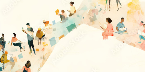 Diverse Group of People Reading and Studying Together in Abstract Watercolor Art