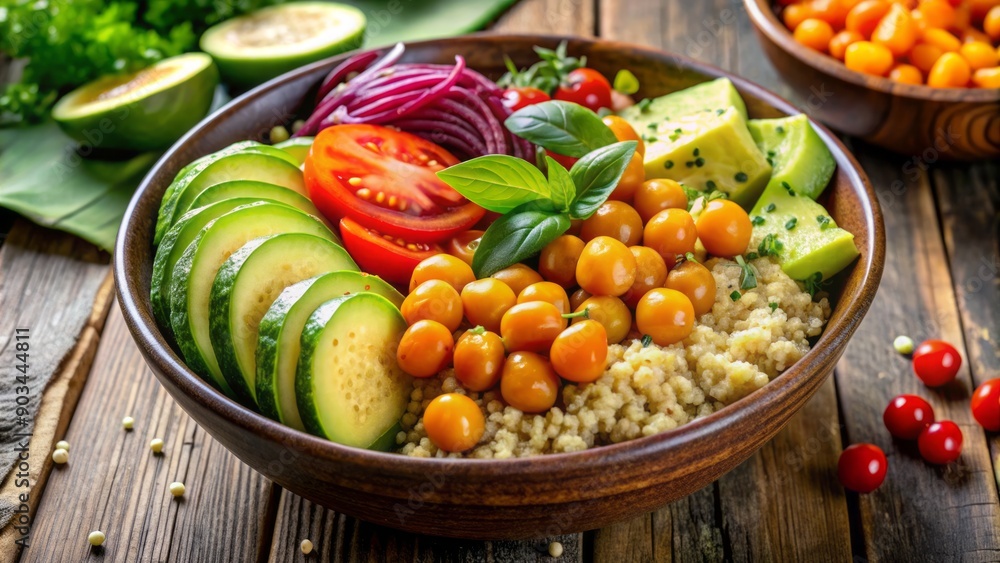 A warm and inviting image of a healthy, flavorful bowl filled with quinoa, avocado, chickpeas, and assorted colorful vegetables, perfect for a nutritious meal. A warm and inviting image of a healthy, flavorful bowl filled with quinoa, avocado, chickpeas, and assorted colorful vegetables, perfect for a nutritious meal.