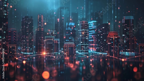 Wallpaper Mural Futuristic Cityscape with Neon Lights and Digital Data Streams Torontodigital.ca