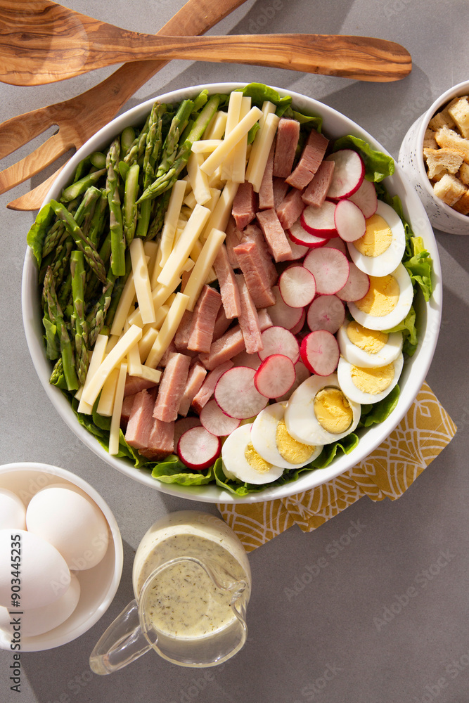 Spring-Inspired Chef Salad with Creamy Yogurt Lemon Dressing, Radishes, Asparagus, Swiss Cheese, Ham and Hard Boiled Eggs Spring-Inspired Chef Salad with Creamy Yogurt Lemon Dressing, Radishes, Asparagus, Swiss Cheese, Ham and Hard Boiled Eggs