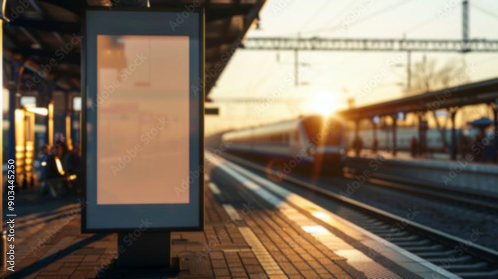 A train station at sunset features an empty advertising panel and a train departing in the background, creating a tranquil atmosphere, unfocused image A train station at sunset features an empty advertising panel and a train departing in the background, creating a tranquil atmosphere, unfocused image