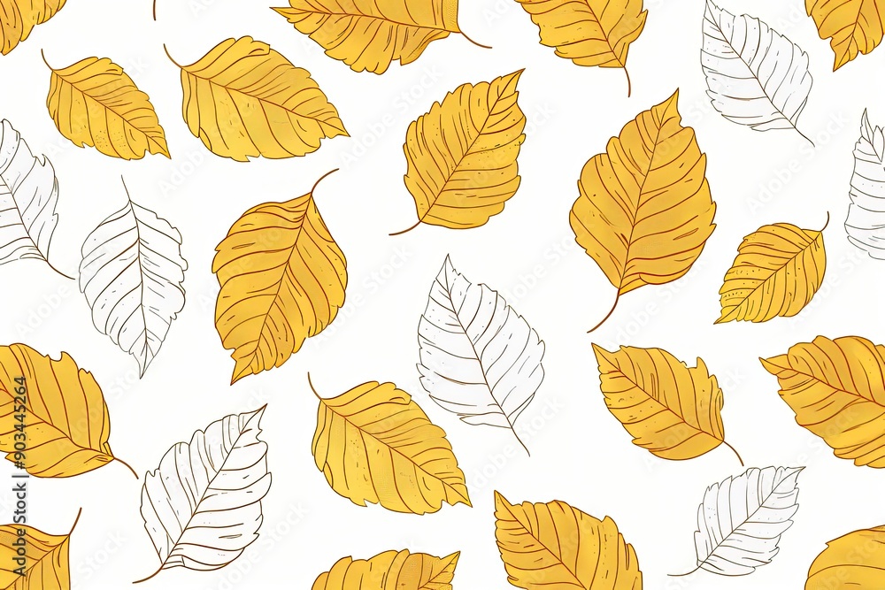 A pattern with a cartoonistic illustration of a white and gold leaves white background. Thick cartoon lines A pattern with a cartoonistic illustration of a white and gold leaves white background. Thick cartoon lines