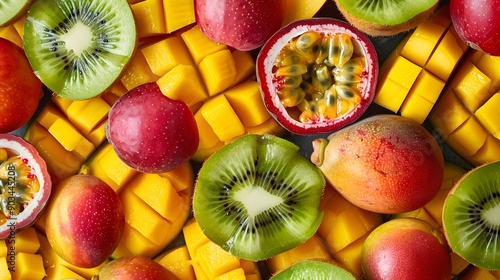 Fototapeta Naklejka Na Ścianę i Meble -  Top view of a mix of tropical fruits like kiwi, passion fruit, and mango, creating a lush background.
