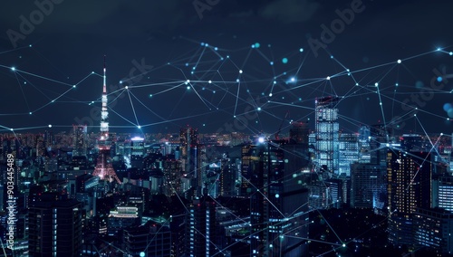 Wallpaper Mural Illuminated Cityscape with Interconnected Network Lines at Night Torontodigital.ca