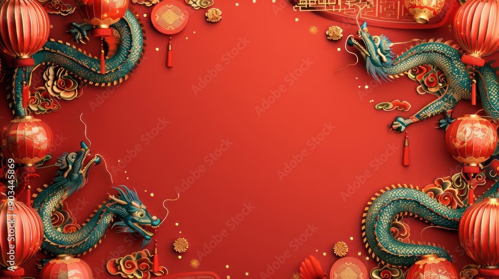 Obraz premium a red background with a dragon and lanterns
