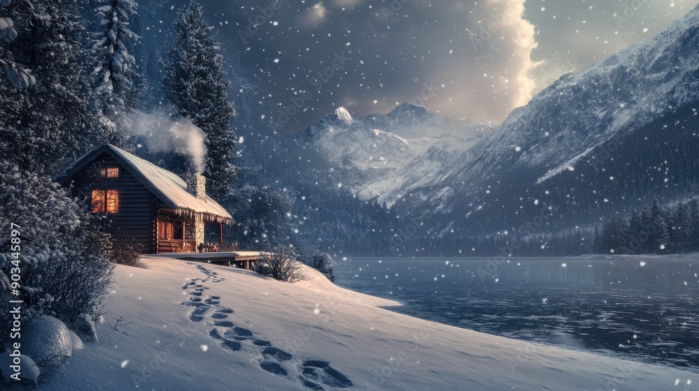 Obraz premium A serene mountain retreat in the first snowfall of the season, with a cozy cabin, smoke rising from the chimney, and footprints in the fresh snow leading to a frozen lake