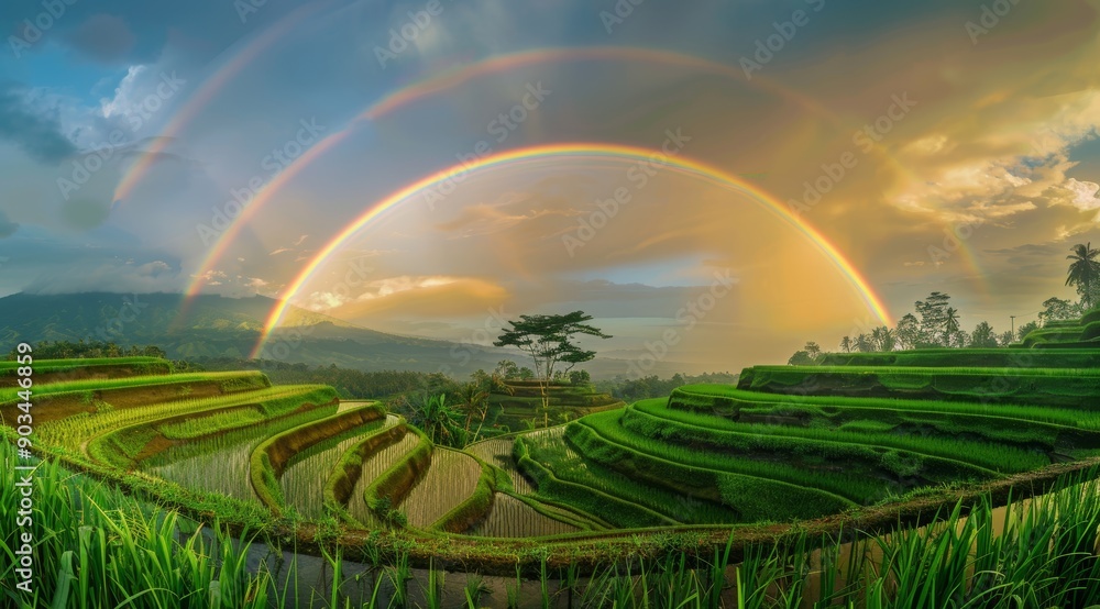 Obraz premium Double Rainbow Over Lush Rice Terraces