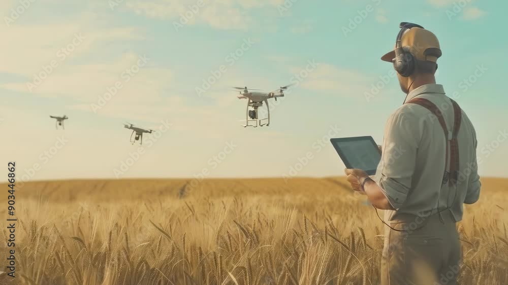 custom made wallpaper toronto digitalA mid-aged farmer, possibly Caucasian, uses a tablet to control drones flying over a wheat field during sunset. Dressed in a cap and suspenders, he focuses on modern agricultural technology.