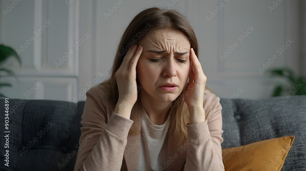 Woman feels dizzy and sits down on the couch Woman feels dizzy and sits down on the couch