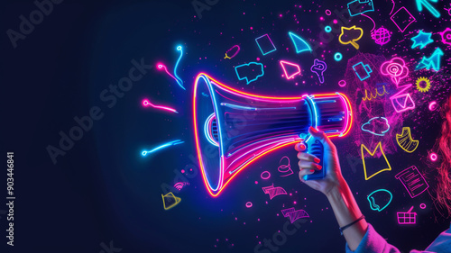 Vibrant neon megaphone with various marketing buzzwords, social media Concept Marketing Trends © wiparat
