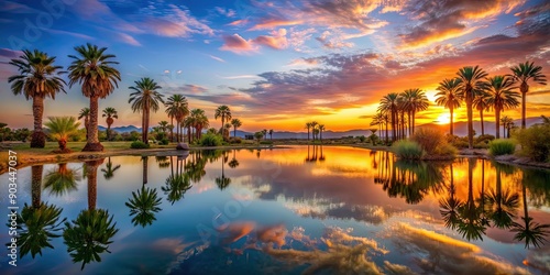 Vibrant sunset over a desert oasis landscape with palm trees and a shimmering pond, sunset, desert, oasis, landscape, palm trees
