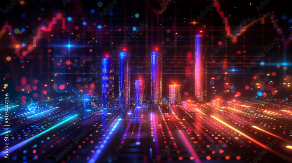 Obraz premium Digital Featuring an Illuminated Bar Graph With Data Points and Trading Charts Background