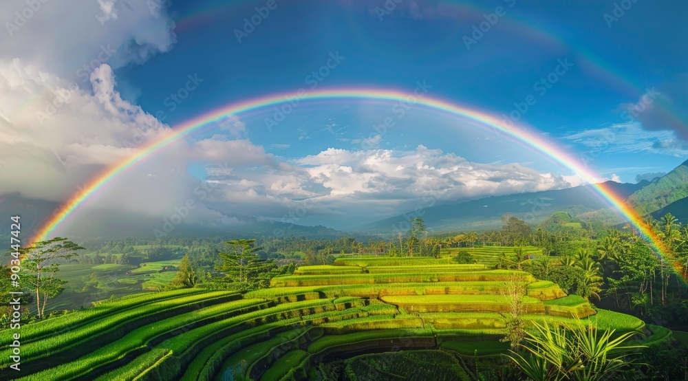 Obraz premium Rainbow Arcing Over Lush Green Rice Terraces