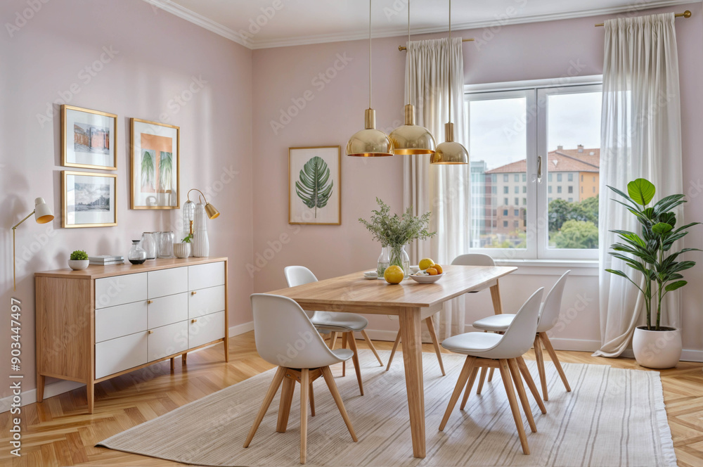 Fototapeta premium Dining Room with Pink Walls and Modern Decor