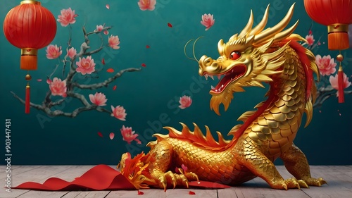 Dragon 3D chinese 2024 year gold new lunar cny podium happy background red golden
