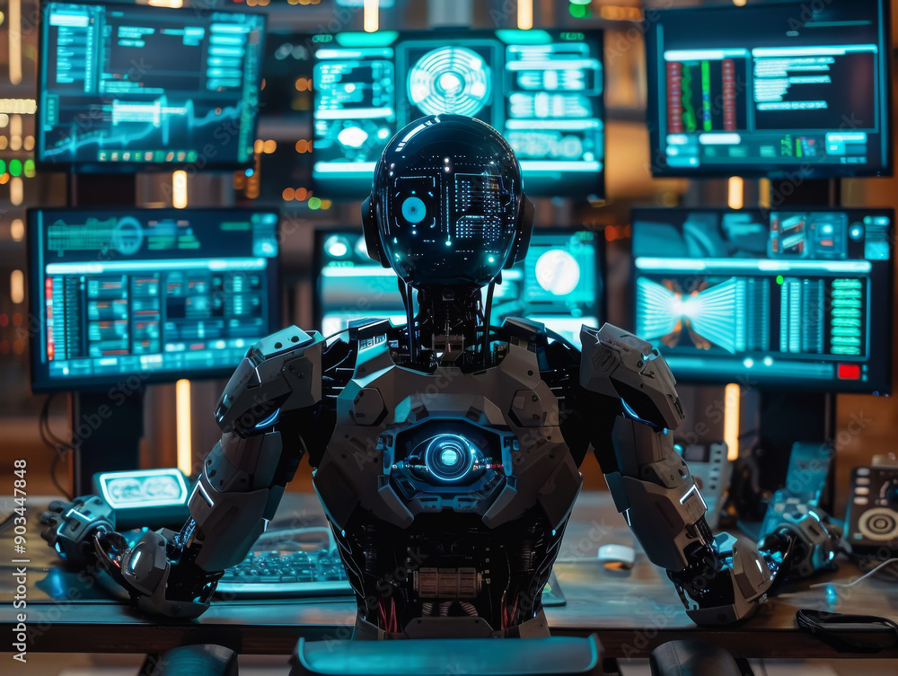 robot sitting in front of several computer screens. The computer screens should display something creative robot sitting in front of several computer screens. The computer screens should display something creative