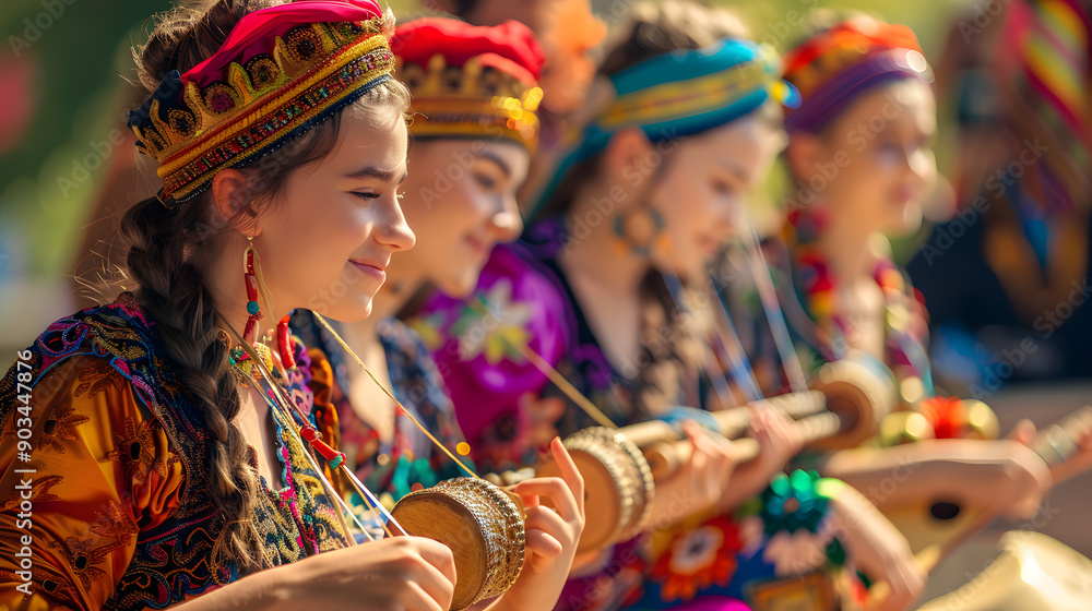 Teens learning to play traditional musical instruments. Teens learning to play traditional musical instruments.