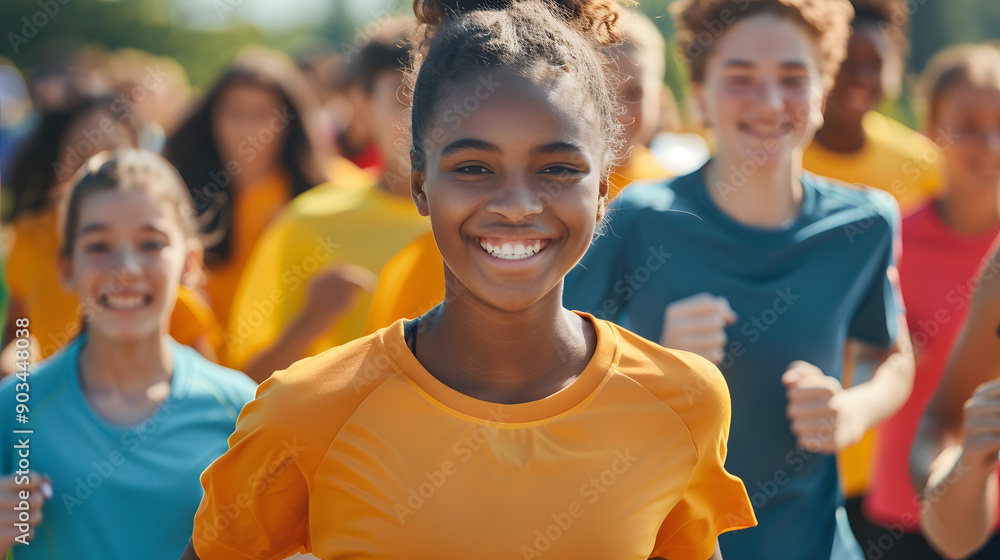 happy Teens participating in a charity run vibrant community smilingly. happy Teens participating in a charity run vibrant community smilingly.