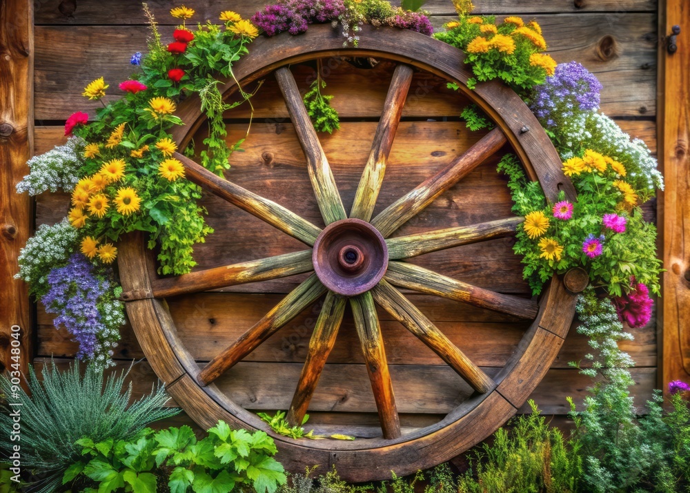 Rustic wooden wagon wheel transformed into a unique piece of artwork, adorned with blooming wildflowers, vines, and rich earth tones, evoking a sense of rural charm. Rustic wooden wagon wheel transformed into a unique piece of artwork, adorned with blooming wildflowers, vines, and rich earth tones, evoking a sense of rural charm.