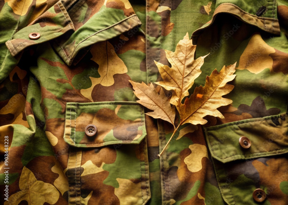 Naklejka premium High-resolution image of a rugged, worn, and weathered army camouflage military uniform texture featuring intricate leaf and branch patterns in shades of green and brown.