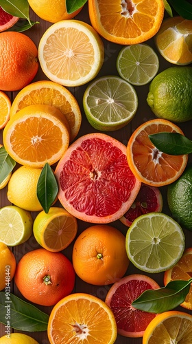 Detailed top view of an assortment of fresh citrus fruits, showcasing their bright colors.