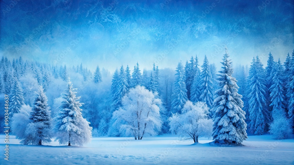 Naklejka premium Blue textured winter landscape featuring trees covered in snow, winter, landscape, blue, texture, trees, snow, cold