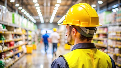 National safety month at work, Labour day with safety yellow hat with blur store inventory background