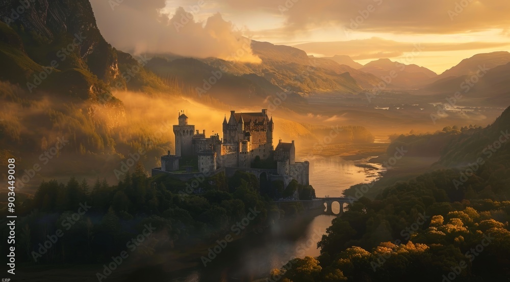 Fototapeta premium A Majestic Castle Perched Atop a Mountain Ridge at Sunset