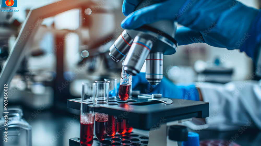 Microscope with test tubes with blood samples