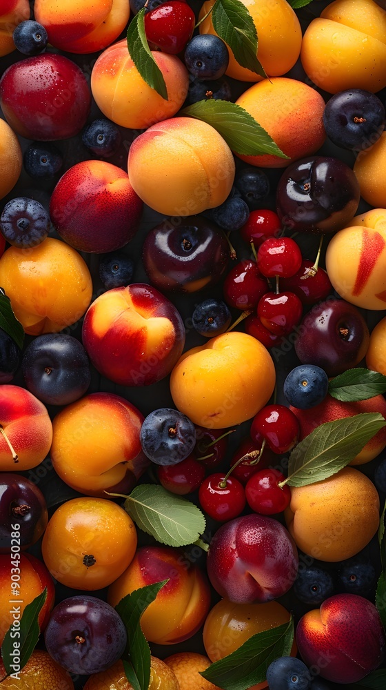Top view of a variety of fresh stone fruits, including plums, cherries, and peaches, creating a vivid background. Top view of a variety of fresh stone fruits, including plums, cherries, and peaches, creating a vivid background.