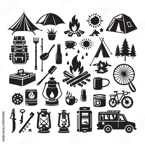 Camping elements set silhouette vector illustration.