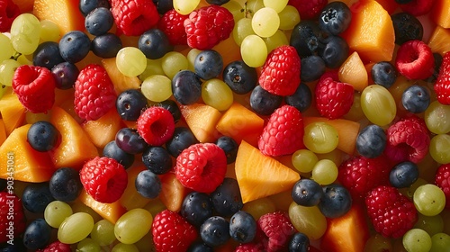 Close-up of a medley of fresh berries, grapes, and melon slices, forming a lush top-view background.