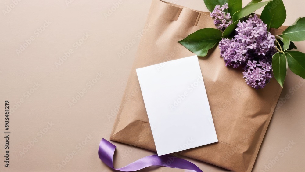 a brown paper bag with purple flowers and a card a brown paper bag with purple flowers and a card