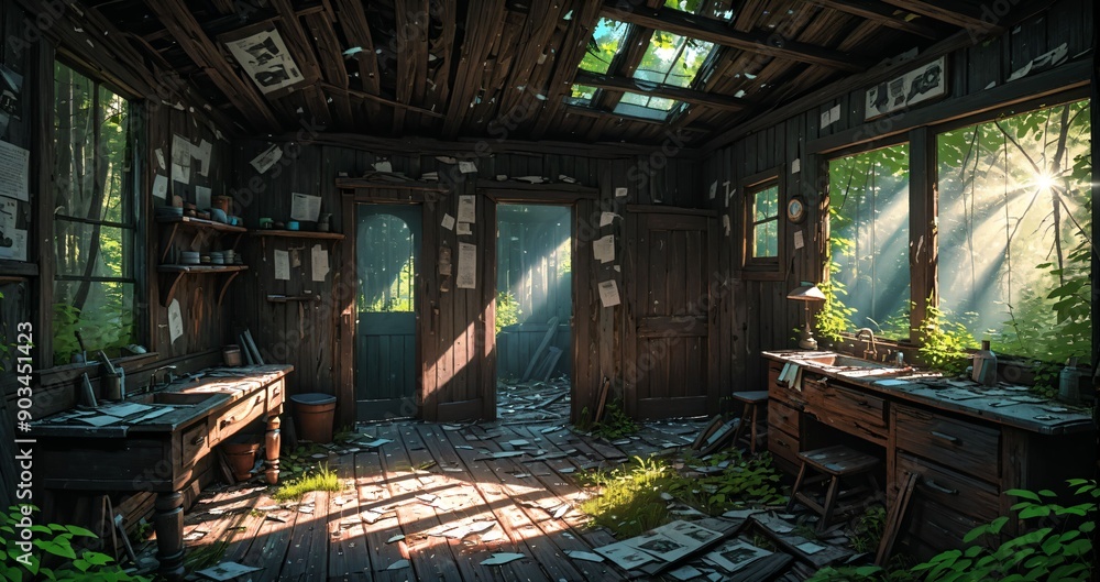 woodland old abandoned house cabin interior in the woodland woods on a sunny summer day. overgrown wooden home with sunlight coming through windows in the forest. woodland old abandoned house cabin interior in the woodland woods on a sunny summer day. overgrown wooden home with sunlight coming through windows in the forest.