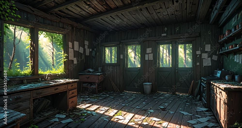 woodland old abandoned house cabin interior in the woodland woods on a sunny summer day. overgrown wooden home with sunlight coming through windows in the forest. woodland old abandoned house cabin interior in the woodland woods on a sunny summer day. overgrown wooden home with sunlight coming through windows in the forest.