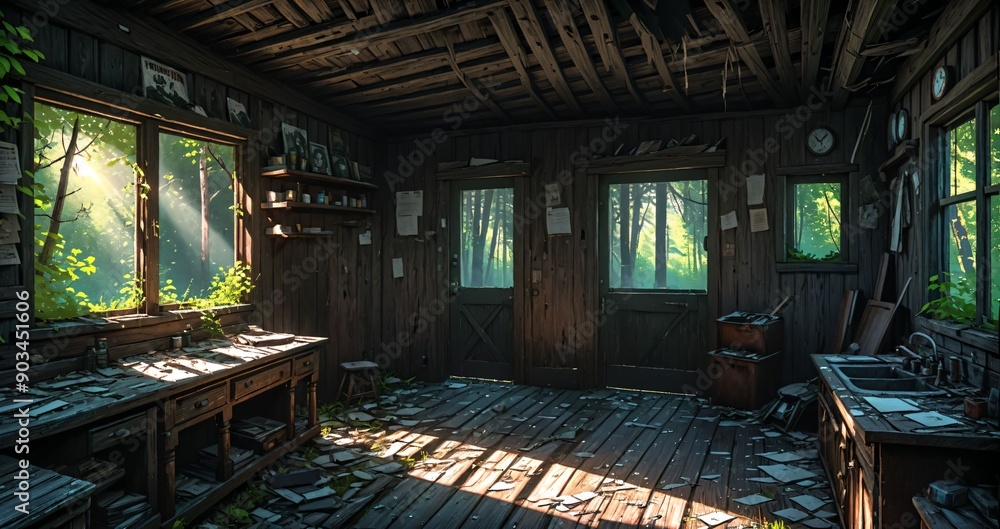 woodland old abandoned house cabin interior in the woodland woods on a sunny summer day. overgrown wooden home with sunlight coming through windows in the forest.