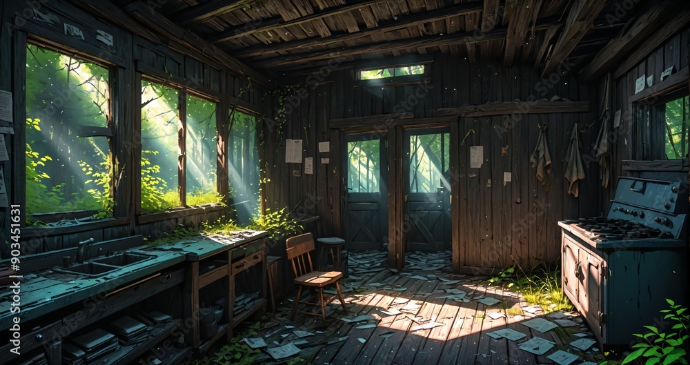 woodland old abandoned house cabin interior in the woodland woods on a sunny summer day. overgrown wooden home with sunlight coming through windows in the forest. woodland old abandoned house cabin interior in the woodland woods on a sunny summer day. overgrown wooden home with sunlight coming through windows in the forest.