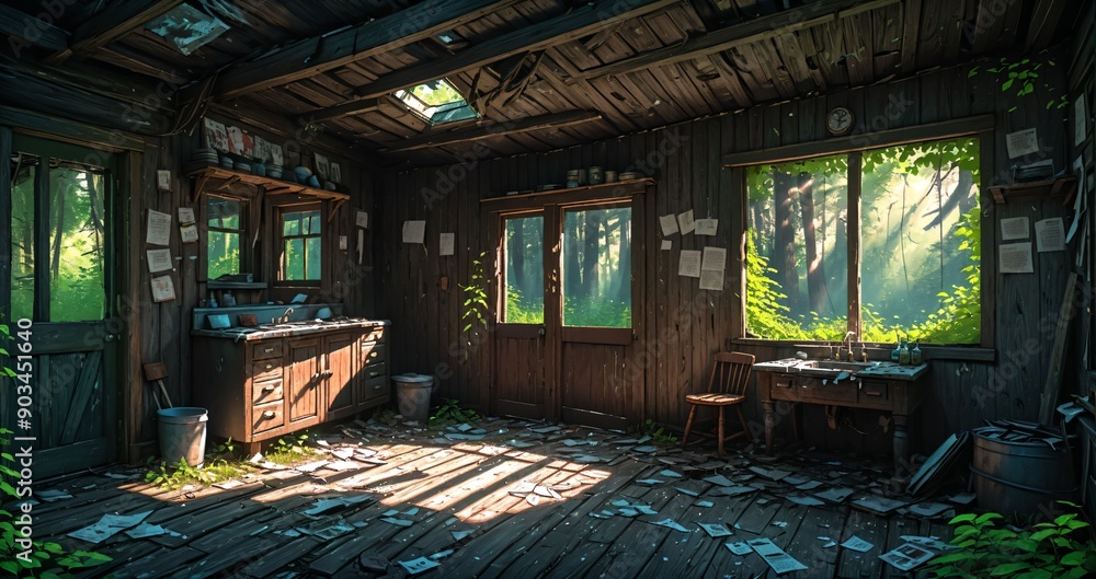 woodland old abandoned house cabin interior in the woodland woods on a sunny summer day. overgrown wooden home with sunlight coming through windows in the forest. woodland old abandoned house cabin interior in the woodland woods on a sunny summer day. overgrown wooden home with sunlight coming through windows in the forest.