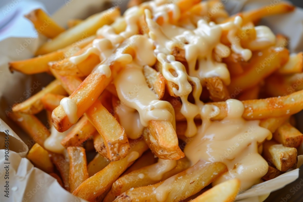 Close-Up of French Fries Drenched in Creamy Sauce Close-Up of French Fries Drenched in Creamy Sauce