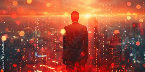 Silhouette of a Man Against a Cityscape of Red and Orange Lights