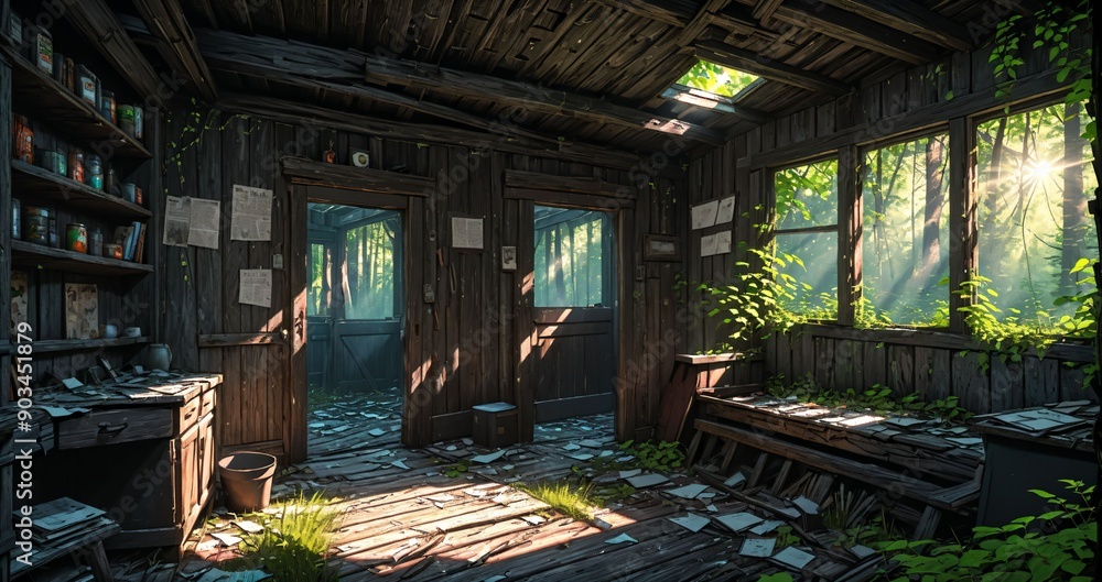 woodland old abandoned house cabin interior in the woodland woods on a sunny summer day. overgrown wooden home with sunlight coming through windows in the forest. woodland old abandoned house cabin interior in the woodland woods on a sunny summer day. overgrown wooden home with sunlight coming through windows in the forest.